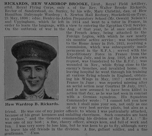 Rickards H W B Lt Royal Field Artillery Attd Royal Flying Corps Obit De Ruvignys Roll Of Honour Vol 5