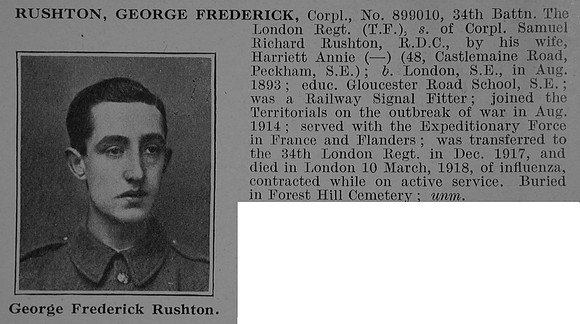 Rushton G F Cpl 899010 34th London Regiment Obit De Ruvignys Roll Of Honour Vol 5
