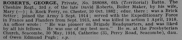 Roberts G Pte 268088 6th Cheshire Regiment