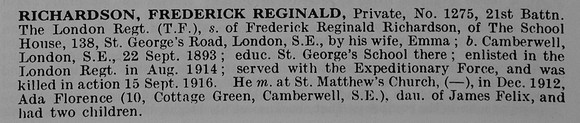 Richardson F R Pte 1275 21st London Regiment