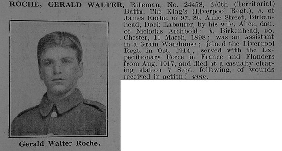 Roche G W Rfn 24458 6th Kings Liverpool Regiment Obit De Ruvignys Roll Of Honour Vol 5