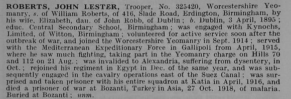Roberts J L Tpr 325420 Worcestershire Yeomanry
