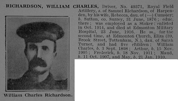 Richardson W C Dvr 49371 Royal Field Artillery Obit De Ruvignys Roll Of Honour Vol 5