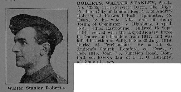Roberts W S Sergt 53365 11th Royal Fusiliers Obit De Ruvignys Roll Of Honour Vol 5
