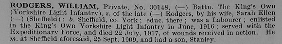 Rodgers W Pte 30148 Kings Own Yorkshire Light Infantry