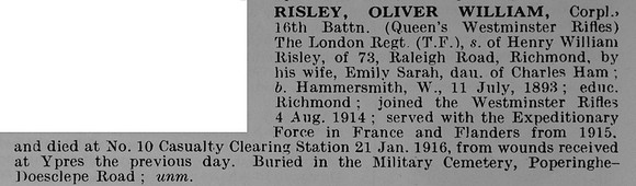 Risley O W Cpl 16th London Regiment