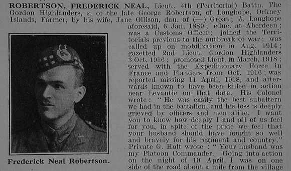 Robertson F N Lt 4th Gordon Highlanders Obit Part 1 De Ruvignys Roll Of Honour Vol 5