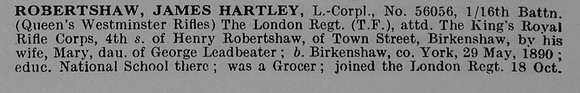 Robertshaw J H LCpl 56056 16th London Regiment Attd Kings Royal Rifle Corps Obit Part 1