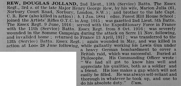 Rew D J 2nd Lt 13th Essex Regiment