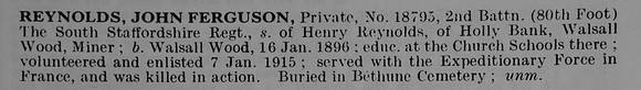 Reynolds J F Pte 18795 2nd South Staffs Regiment