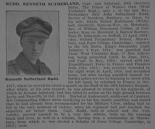 Rudd K S Captain 10th West Yorkshire Regiment Obit De Ruvignys Roll Of Honour Vol 5