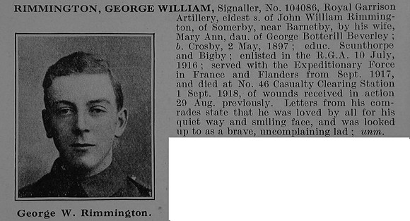 Rimmington G W Sig 104086 Royal Garrison Artillery Obit De Ruvignys Roll Of Honour Vol 5