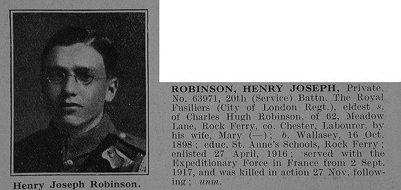 Robinson H J Pte 63971 20th Royal Fusiliers Obit De Ruvignys Roll Of Honour Vol 5