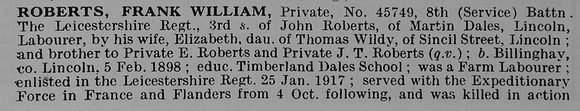 Roberts F W Pte 45749 8th Leicestershire Regiment Obit Part 1
