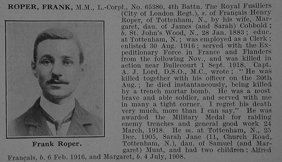 Roper F LCpl MM 65380 4th London Regiment Obit De Ruvignys Roll Of Honour Vol 5