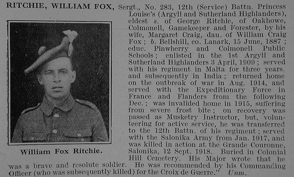 Ritchie W F Sergt 283 12th Argyll & Sutherland Highlanders Obit De Ruvignys Roll Of Honour Vol 5