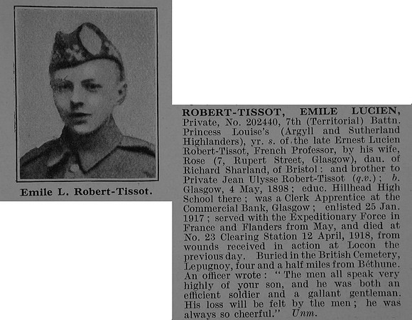 Robert-Tissot E L Pte 202440 7th Argyll & Sutherland Highlanders Obit De Ruvignys Roll Of Honour Vol 5