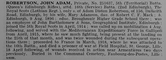 Robertson J A Pte 251637 5th Attd 16th Royal Scots
