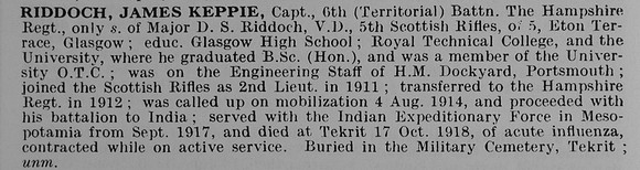 Riddoch J K Captain 6th Hampshire Regiment
