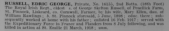 Russell E G Pte 16155 2nd Royal Irish Regiment