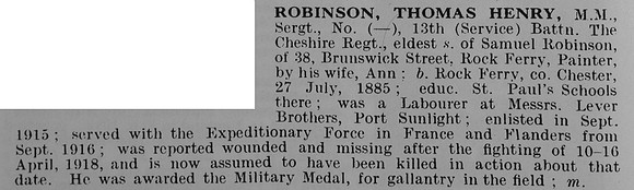 Robinson T H Sergt MM 13th Cheshire Regiment