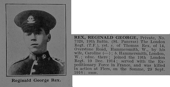 Rex R G Pte 7326 19th London Regiment Obit De Ruvignys Roll Of Honour Vol 5