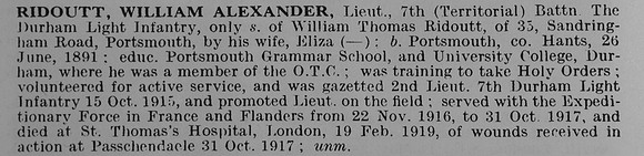 Ridoutt W A Lt 7th Durham Light Infantry