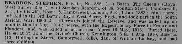 Reardon S Pte 888 Queens Royal West Surrey Regiment