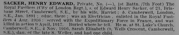 Sacker H E Pte 1st Royal Fusiliers