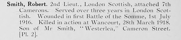 Smith R 2nd Lt 14th London Regiment Attd 7th Cameron Highlanders Photo Available Plate 2