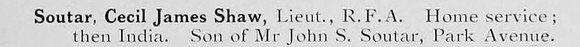 Soutar C J S Lt Royal Field Artillery