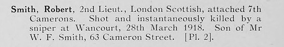Smith R 2nd Lt 14th London Regiment Attd 7th Cameron Highlanders Photo Available Plate 2