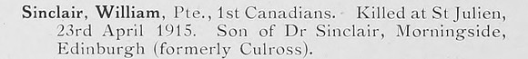 Sinclair W Pte 1st Canadian Infantry
