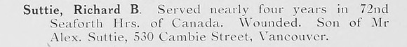 Suttie R B Pte 72nd Canadian Infantry