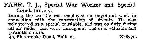 Farr T J Special War Worker And Special Constable