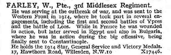 Farley W Pte 3rd Middlesex Regiment