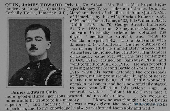 Quin J E Pte 24640 13th Canadian Expedionary Force Obit