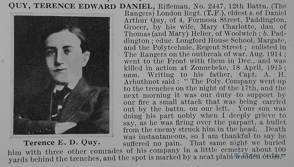 Quy T E D Rfn 2447 12th London Regiment Obit