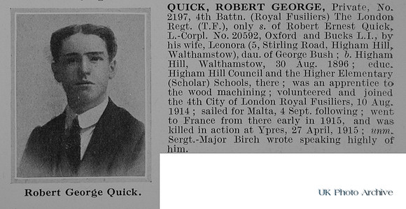 Quick R G Pte 2197 4th Royal Fusiliers Obit