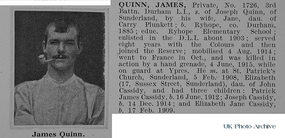 Quinn J Pte 1726 3rd Durham Light Infantry Obit