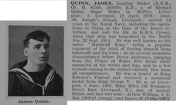 Quinn J Leading Stoker 293970 HMS Cressy Royal Navy Obit