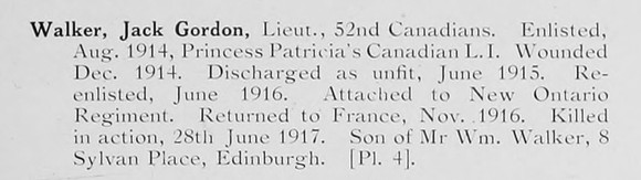 Walker J G Lt 52nd Canadian Infantry Photo Available Plate 4