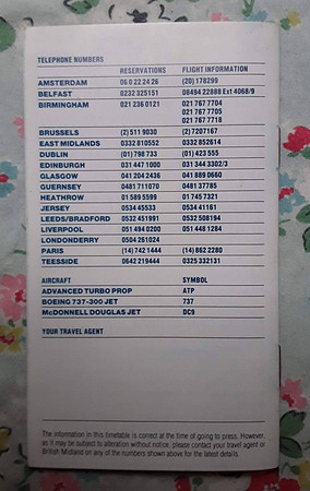 British Midland Airlines Timetable Back