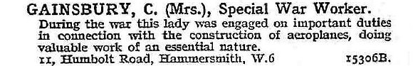 Gainsbury C Mrs Special War Worker