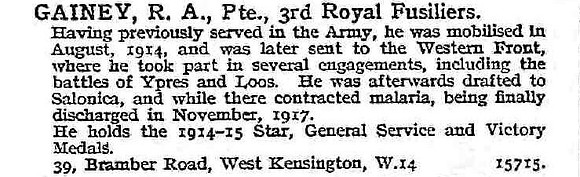 Gainey R A Pte 3rd Royal Fusiliers