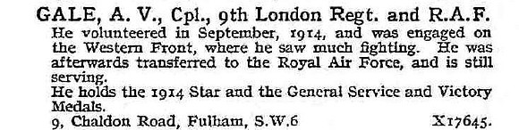 Gale A V Cpl 9th London Regiment And Royal Air Force