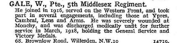 Gale W Pte 5th Middlesex Regiment