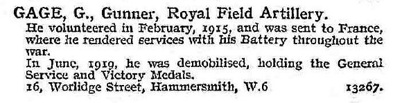 Gage G Gnr Royal Field Artillery