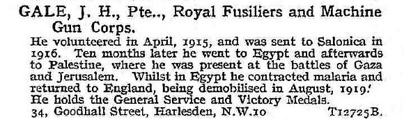 Gale J H Pte Royal Fusiliers And Machine Gun Corps