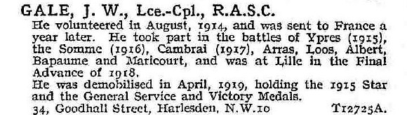 Gale J W LCpl Army Service Corps
